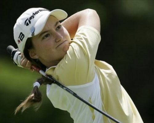 Fourteen-year-old Victoria Tanco, of Argentina, tees off on the 10th hole Friday, June 27, 2008, during the second round of the U.S. Women's Open golf championship at the Interlachen Country Club in Edina, Minn.  (AP Photo/Kiichiro Sato)